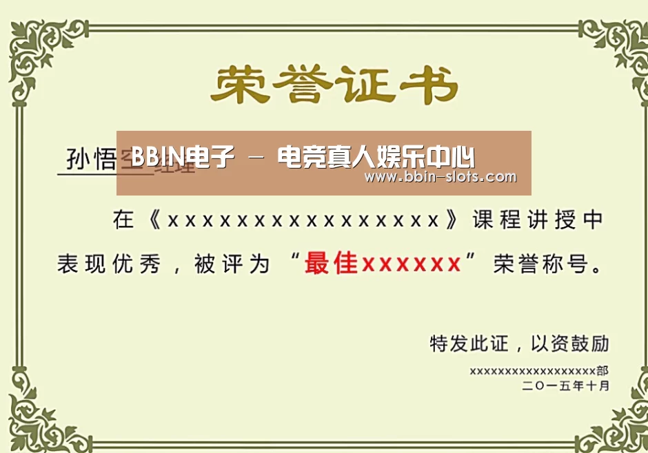 BBIN真人荣誉证书二